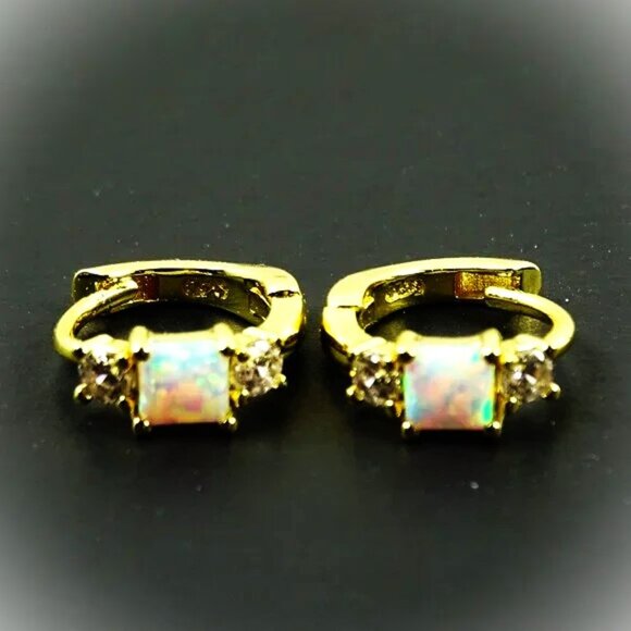 SAVVY CIE JEWELRY October Birthstone Gold Plated Kyocera Opal & CZ Hoop … - Picture 1 of 9